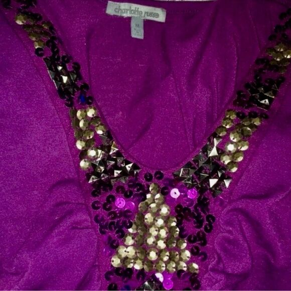 Charlotte Russe VTG Y2K Top Bohemian Purple Sequins Deep V-Ruched 3/4 Sleeve M - Picture 5 of 16